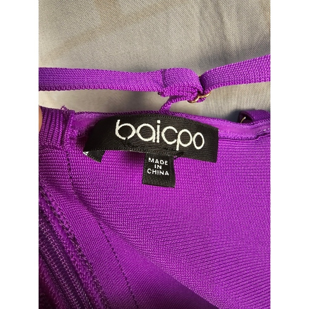 Baicpo Purple Peplum Bandage Dress Mermaid Ruffle Hem Midi Cocktail BDR68018 M - Picture 4 of 4
